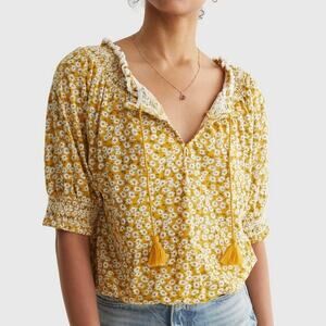 LUCKY BRAND Short Sleeve Tie Front Peasant Top Women's Sz S Yellow Ditsy Floral